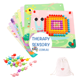 Pattern Peg small set from therapysensory.com.au shows a set of cards that you pin to a board and then you have a bag of pin pegs that you insert into the picture to create a pattern with the pegs. Great for building fine motor skills.