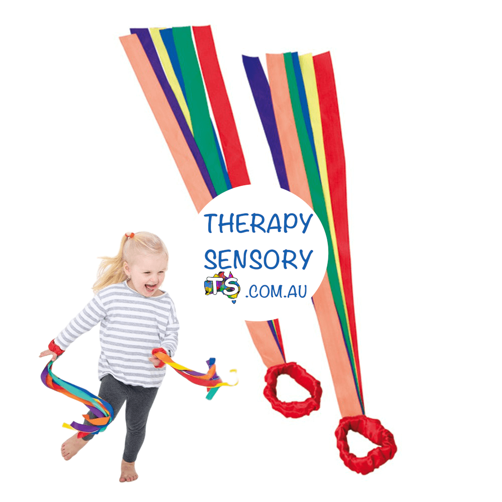 Ribbon wrist set from TherapySensory.com.au, shows a set of Ribbons attached to an elastic that slips over the wrist so you can have the ribbons trail after you as you move around.