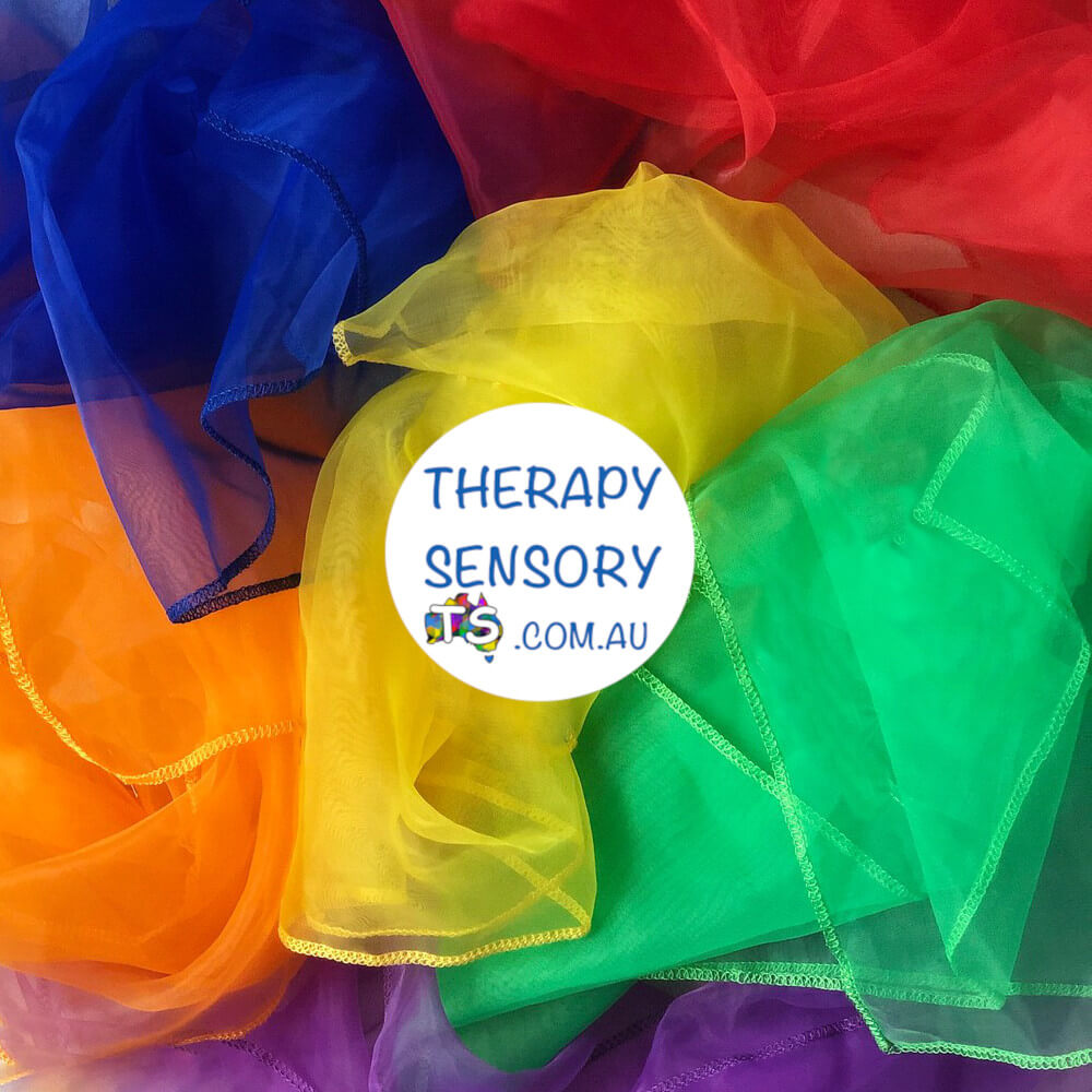 Dancing Rainbow Scarves set of six from TherapySensory.com.au in red, blue, yellow, orange green and purple. scarves are scrunched up all together.