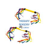 Rainbow wand ribbon set of 2 from TherapySensory.com.au displays 2 hand held bars with rainbow streamers coming out both ends.