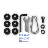 X chair stand from TherapySensory.com.au shows the small parts and tools that come with the stand.