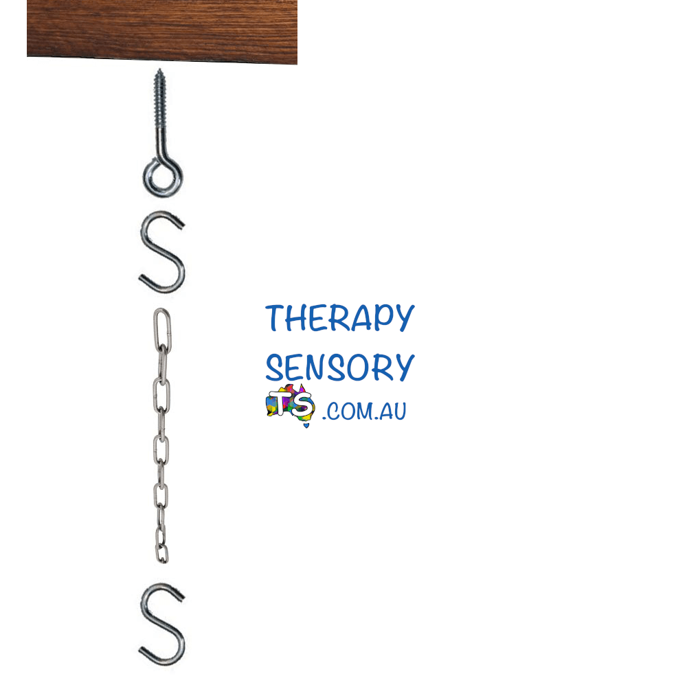 Hammock Chair Hanging Kit from TherapySensory.com.au shows 1x 33cm Zinc Plated Iron Chain, 2x 7cm S-Hooks, 1x 11.5cm Screw Eye used to hang hammock chairs.