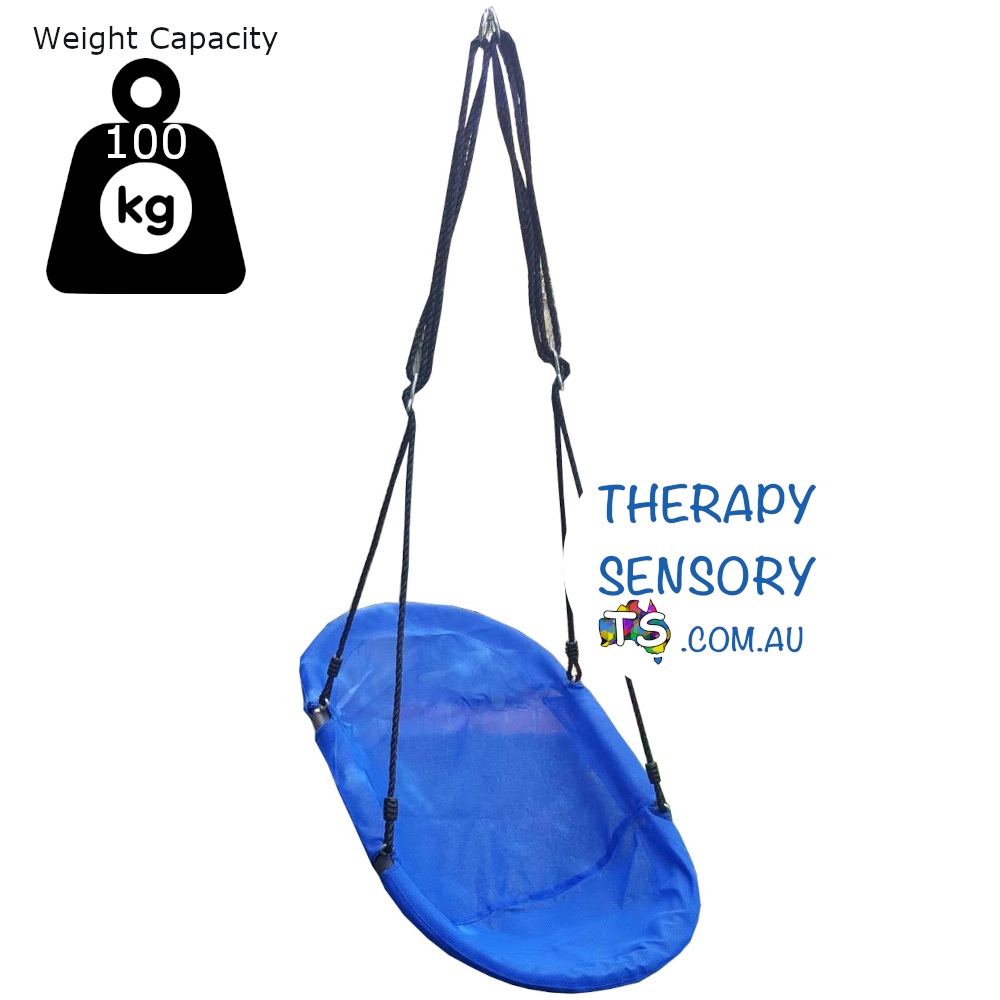 Oval seat swing from TherapySensory.com.au displays an oval mesh swing that is lower in the front to aid laying back in the swing. Large enough for most adults and children 100kg weight limit.