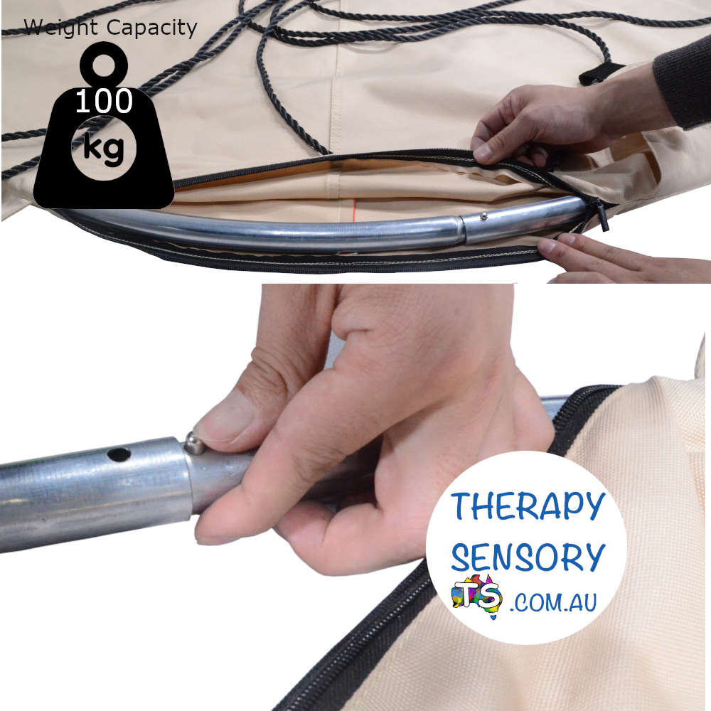 Open Hangout Nest from TherapySensory.com.au displays a beige 150cm wide nest swing with multiple straps to hang from. Can support 100kg.