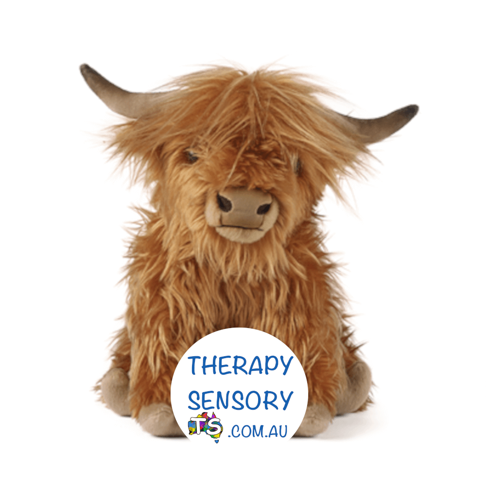 Highland cow with sound from Therapysensory.com.au displays a long haired brown cow with horns.