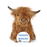 Highland cow with sound from Therapysensory.com.au displays a long haired brown cow with horns.
