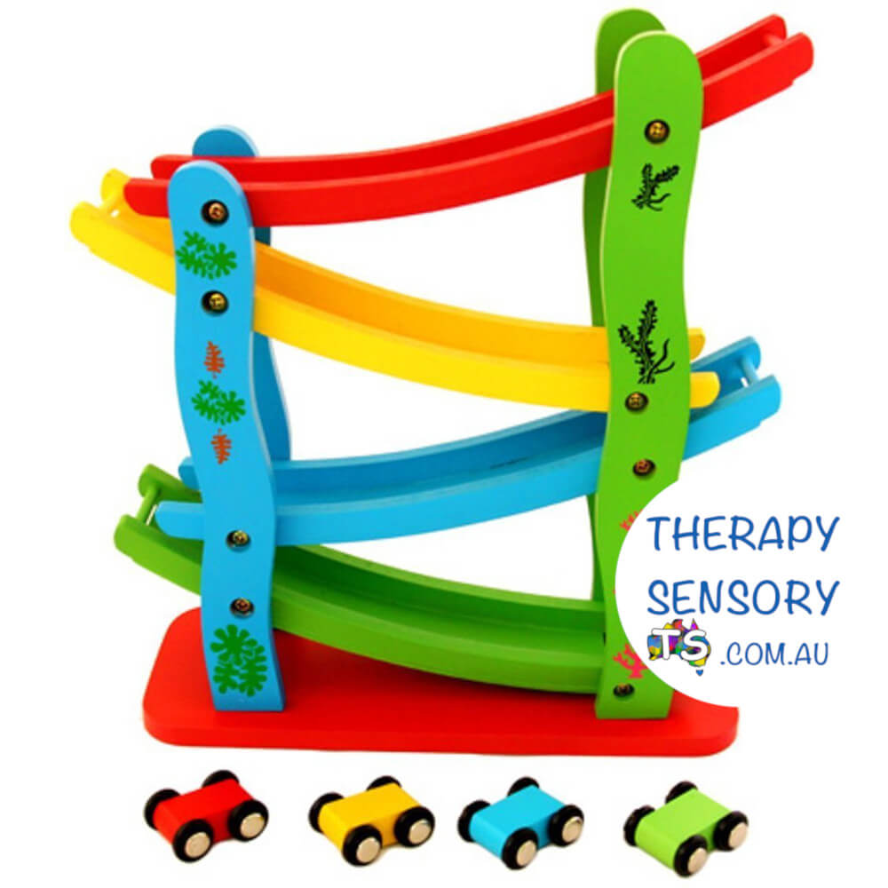 Miniature racing car from TherapySensory.com.au displays four miniature cars that can be places at the to of the first ramp and continue to run down the four ramps.