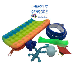 Ultimate Classroom Fidget Case kit from TherapySensory.com.au displays 1 x Squish Moshi Friend, 1 x 45cm strip of Adhesive textured strip, 1 x Grotto grip,  1 x Collectable Rubber, 1 x Marble Fidget, 1 x Mini stretch toy. Colours and versions of products 