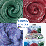 Crazy Aaron Christmas putty from TherapySensory.com.au showing three different coloured putty red, green, purple