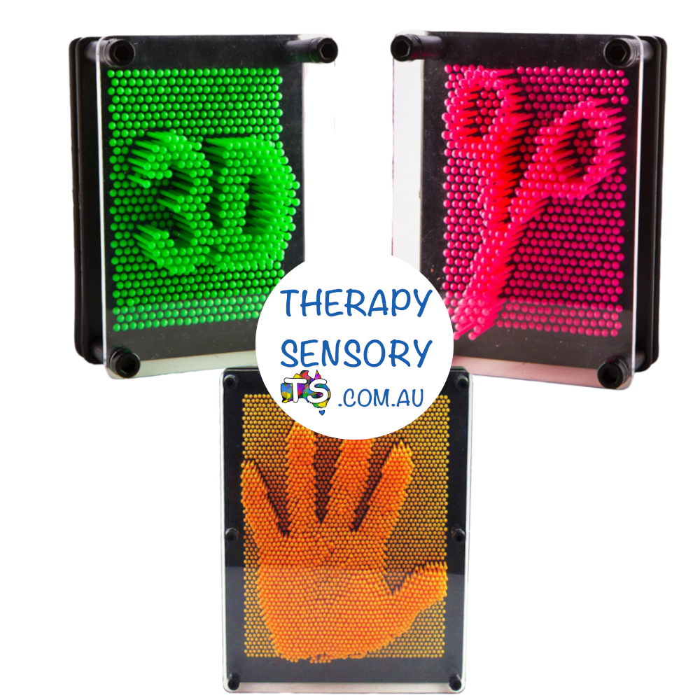 Pin art from TherapySensory.com.au displays 3 12.5cm tall pin arts in pink, orange and green.