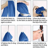 Kids Elastic Yoga Sensory Hammock Swing, includes 1x Hammock, 1 x Connecting Rope, 1 x Extension Band, 1 x Titanium Alloy Lock. Instructions on how to set up.