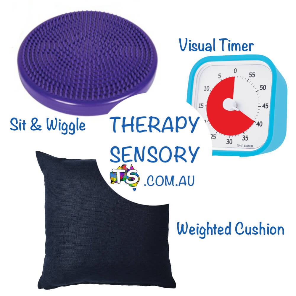 School Kit 2 from TherapySensory showing a wobble cushion that you can sit and wiggle on, a time timer mod that can help people to visualise time and a 4kg weighted cushion for deep pressure therapy and sitting.