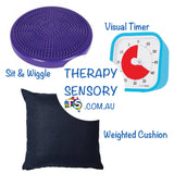 School Kit 2 from TherapySensory showing a wobble cushion that you can sit and wiggle on, a time timer mod that can help people to visualise time and a 4kg weighted cushion for deep pressure therapy and sitting.