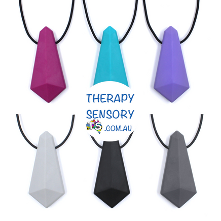 Chewel Pendant necklace from TherapySensory.com.au displays 6 chewable necklaces in an oblige shape.