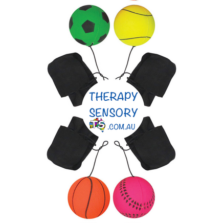 Rubber return ball from TherapySensory.com.au displays a orange, pink yellow and green rubber ball with a string that wraps around the wrist.