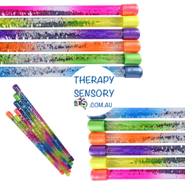 Rainbow baton from TherapySensory.com.au displays multiple glitter rainbow wands.