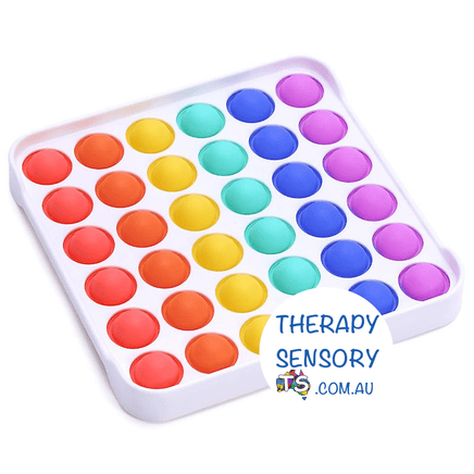 Pop it square from TherapySensory.com.au shows a white pop it with rainbow pops.