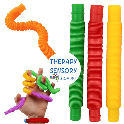 Mini Pop Tube set of 3 from TherapySensory.com.au displays 3 pop tubes collapsed, pop tubes bent around a hand and a single bent pop tube.