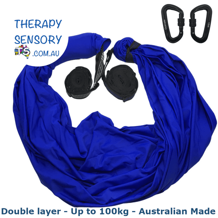 Professional therapy swing from TherapySensory.com.au shows a blue swing with 2 carabiners.