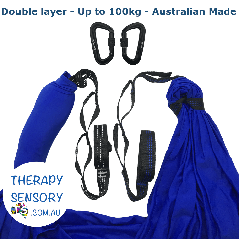 Professional therapy swing from TherapySensory.com.au shows a blue swing with 2 carabiners.
