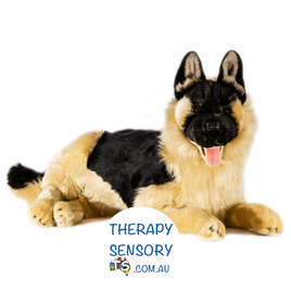 German Shepherd from TherpaySensory.com.au laying on its side.