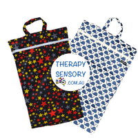 Wet Bag Large from TherapySensory.com.au displays 2 wet bags with handles designed to keep damp clothing, underwear and towels for home or travel use.