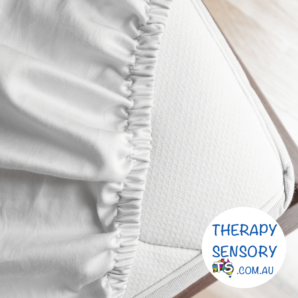 Fitted Waterproof sheet from TherapySensory.com.au shows a corner of the sheet with elastic.