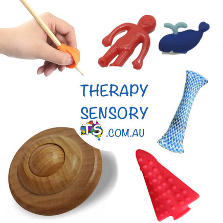 Back to School Kit one from TherapySensory showing a rocket shaped pencil topper, round wooden hand fidget, marble fidget, one stretchy fun figure, once grotto grip and one desk pet. Colours and shapes are randomly selected.