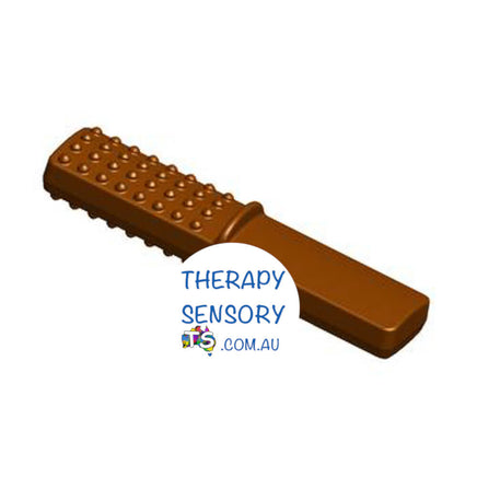 Chew Stixx Tough Bar from TherapySensory.com.au features a bar with one end smooth the other textured with dot shaped bumps, this bar is flavoured chocolate.