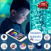 Sensory bubble tube from TherapySensory.com.au displays a long tube that has bubbles in it that can be remote controlled by remote or phone app to change colours.