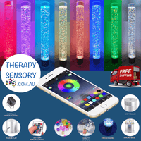Sensory bubble tube from TherapySensory.com.au displays a long tube that has bubbles in it that can be remote controlled by remote or phone app to change colours.