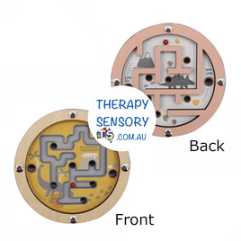 Dinosaur maze from therapysensory.com.au has two sides with maze on them that you role the ball around to get into the holes.