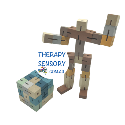 Twist and lock robot cube from TherapySensory.com.au. A wooden square that can transform into a robot when you twist and lock the individual wooden squares. Great for improving fine motor skills and pincer grip.