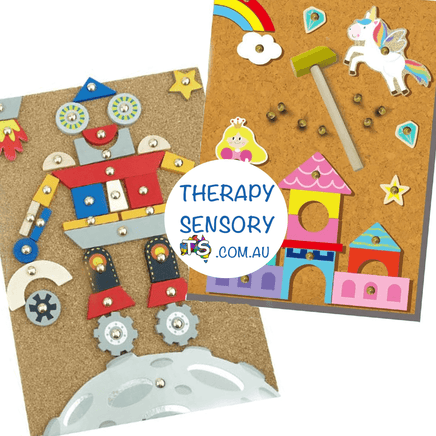 Tap-a-shape from therapysensory.com.au has several different shapes that you use pins to tap into place on a cork board. Great for hand eye coordination.