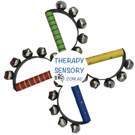 Hand Bell Cluster from TherapySensory.com.au displaying a red, green, yellow and blue cluster in a x shape.
