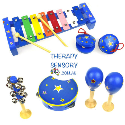 7 piece musical set from TherapySensory.com.au displays 2 maracas, 1 bell stick, 2 castanets, 1 tambourine and 1 xylophone with a blue with yellow star theme.