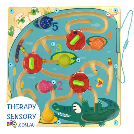 Crocodile Puzzle from TherapySensory.com.au displays a series of paths that you must navigate the balls through and match the correct colour.