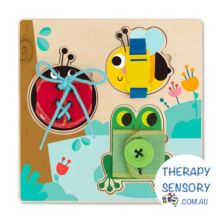 Basic Skills Board from TherapySensory.com.au displays a ladybird with laces, a butterfly you can buckle and a frog you can button up.