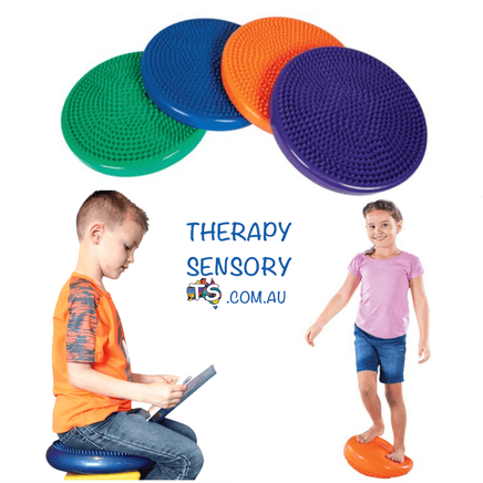 Wobble cushion from TherapySensory.com.au displays 4 wobble cushions at the top, a child sitting on a wobble cushion on the left and a child standing on a wobble cushion on the right.