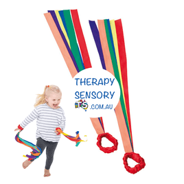 Ribbon wrist set from TherapySensory.com.au, shows a set of Ribbons attached to an elastic that slips over the wrist so you can have the ribbons trail after you as you move around.