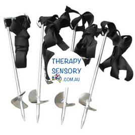 XL Spiral Pegs with Straps (33cm): Set of 4 from TherapySensory.com.au displays 4 pegs that you twist into the ground then have a strap at the top that you can attach to a hammock stand to tie it to the ground.
