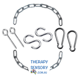 Hammock Hanging Kit with Chains from TherapySensory.com.au displays, 2x 33cm Zinc Plated Iron Chains, 2x 7cm S-Hooks, 2x 11.5cm Screw Eyes, 2x 7cm Carabiners used to hang hammocks.