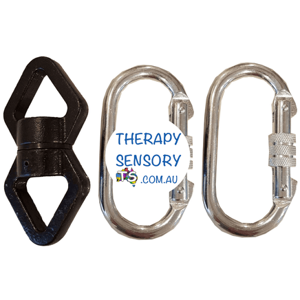Premium Swivel and Large Carabiners from TherapySensory.com.au displays a figure 8 swivel and 2 large metal carabiners to hang hammocks with.