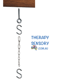 Hammock Chair Hanging Kit from TherapySensory.com.au shows 1x 33cm Zinc Plated Iron Chain, 2x 7cm S-Hooks, 1x 11.5cm Screw Eye used to hang hammock chairs.