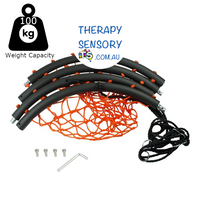 Spider web nest swing from TherapySensory.com.au displayed. Swing has a padded outer edge with orange rope in the middle in a cobweb design to support the swinger. Swing can support up to 100kg.