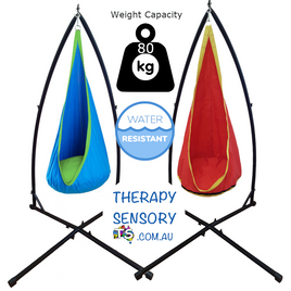 Waterproof Outdoor Sensory Swing Pod with stand from TherapySensory.com.au displays a red and a blue waterproof swing pod with stand to support 80kg. Stand has two arms at the back and crossed legs at the bottom.