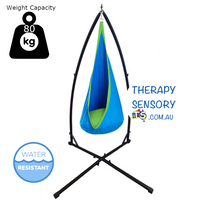 Waterproof Outdoor Sensory Swing Pod with stand from TherapySensory.com.au displays a blue waterproof swing pod with stand to support 80kg. Stand has two arms at the back and crossed legs at the bottom.