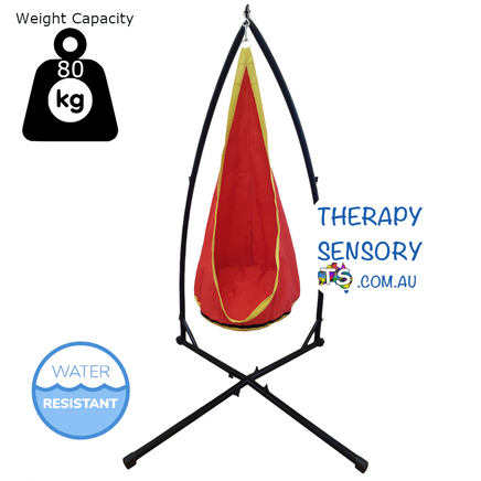Waterproof Outdoor Sensory Swing Pod with stand from TherapySensory.com.au displays a red waterproof swing pod with stand to support 80kg. Stand has two arms at the back and crossed legs at the bottom.