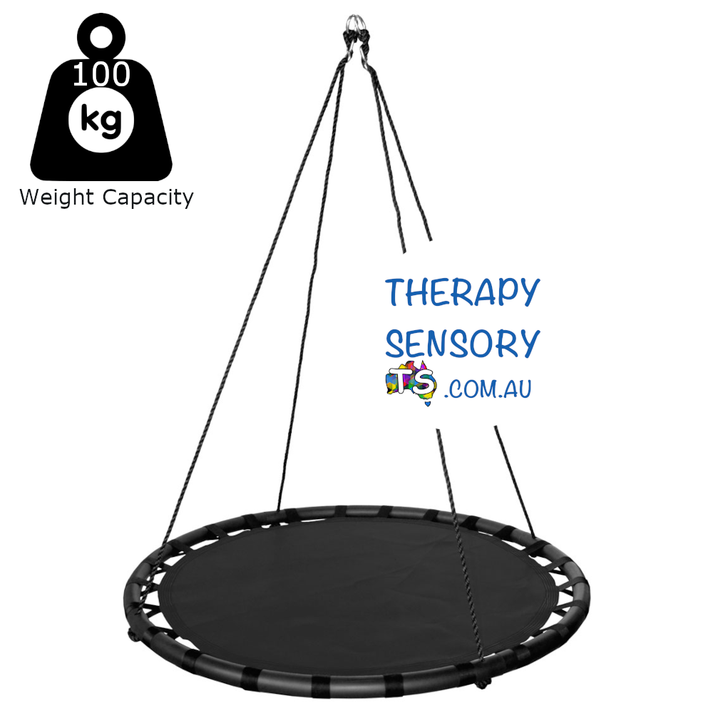 Round mat nest swing from TherapySensory.com.au shows a round padded circle with a material mat as the base attached with multiple ties to the edge, 4 ropes lead up to two metal circles that you can hang together to make the swing swivel or separate them 