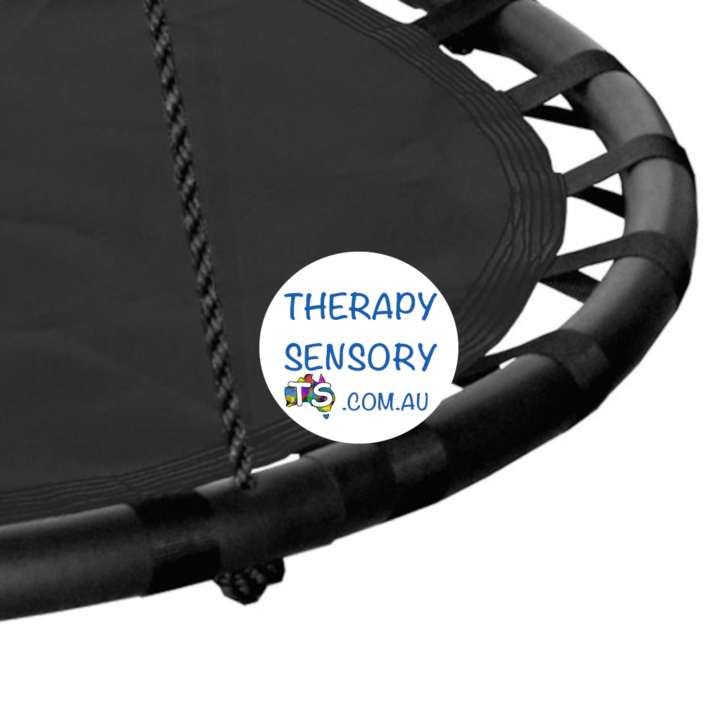 Round mat nest swing from TherapySensory.com.au shows a round padded circle with a material mat as the base attached with multiple ties to the edge, 4 ropes lead up to two metal circles that you can hang together to make the swing swivel or separate them 